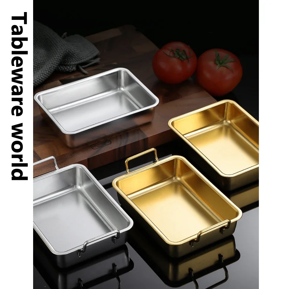 304 Double Ear Square Plate Golden Stainless Steel Fried Chicken Plate Restaurant Creative Snack Candy Fruit Gold Serving Tray