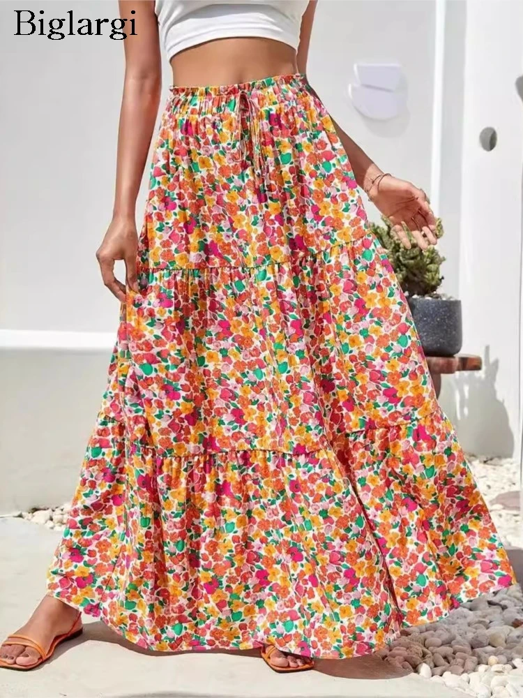 

Bohemian Style Summer Long Skirt Women Floral Print Fashion Elastic High Waist Ladies Skirts Loose Ruffle Pleated Woman Skirts