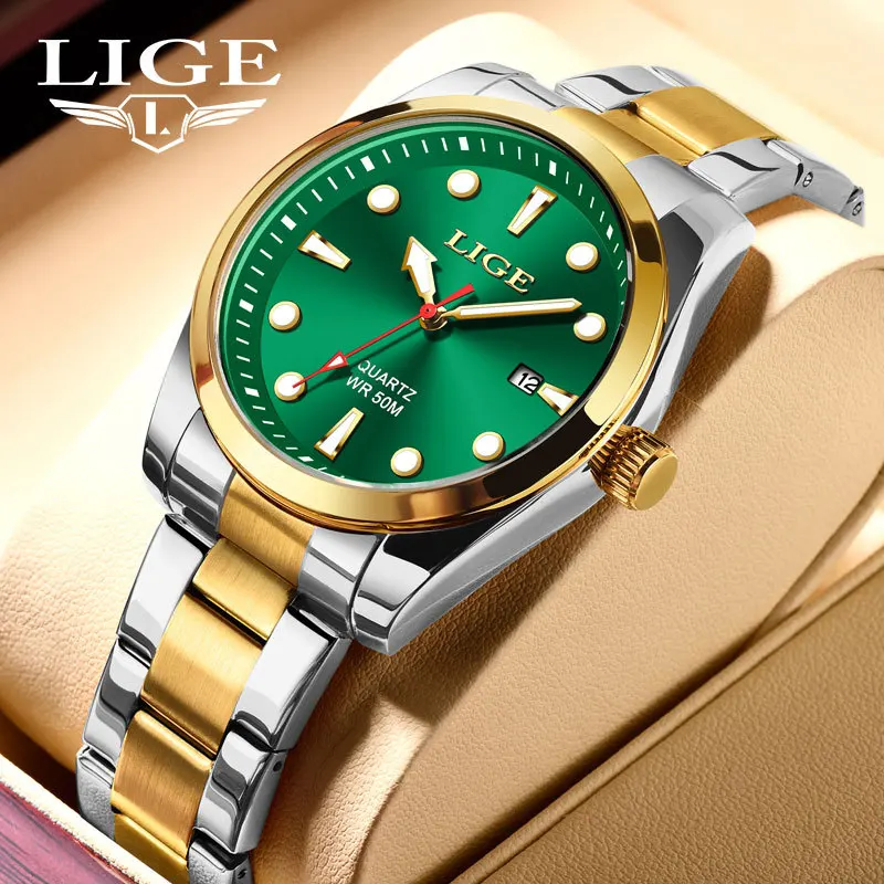 LIGE 2026 Men Quartz Watch Green Dial Calendar 50M Waterproof Two-tone Stainless Steel Band Business Luxury Male Wristwatch Gift