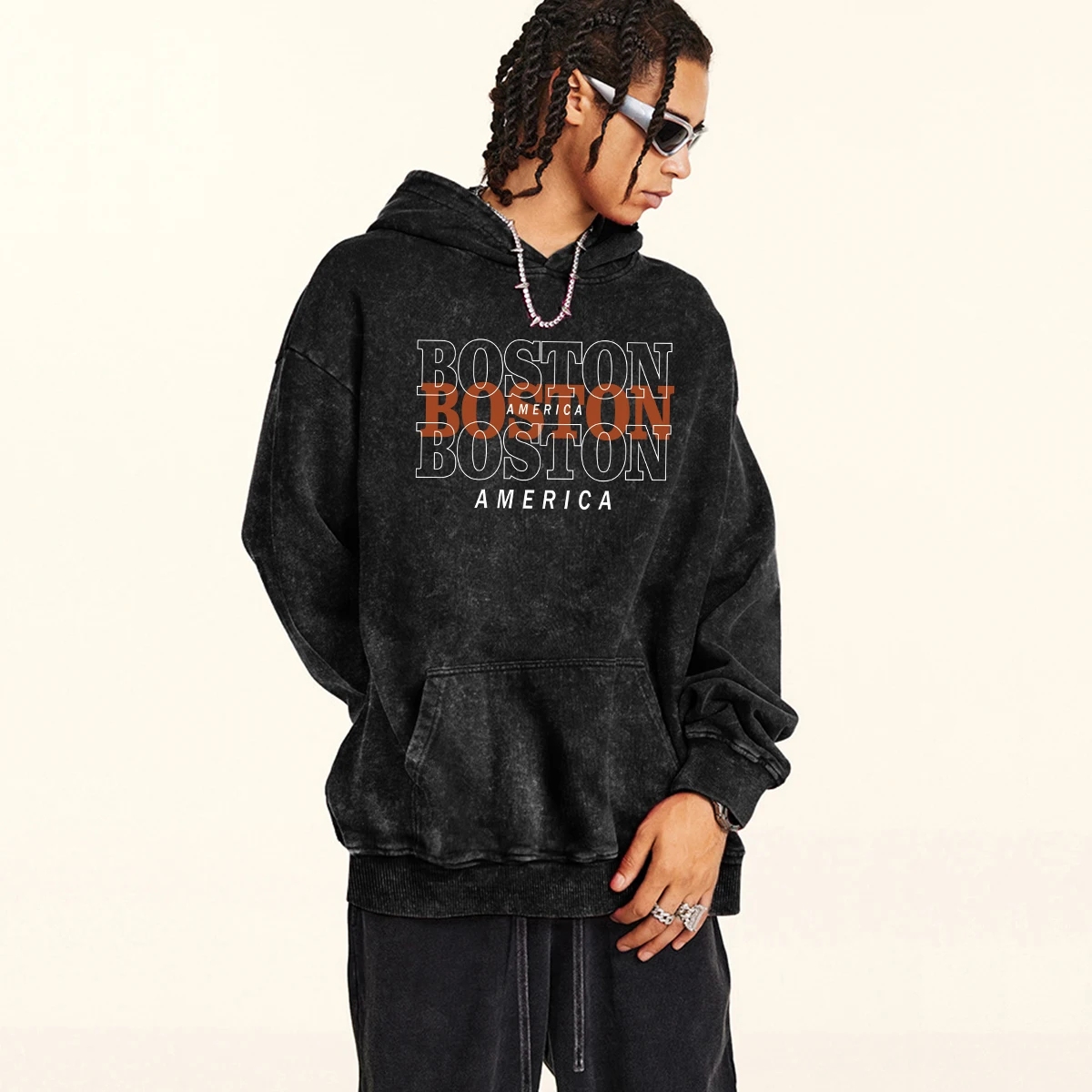 Boston America Letter Hoodie Men Vintage Washed Hoodies High Quality Cotton Pullover Simple Soft Comfort Hoody Men's Clothing