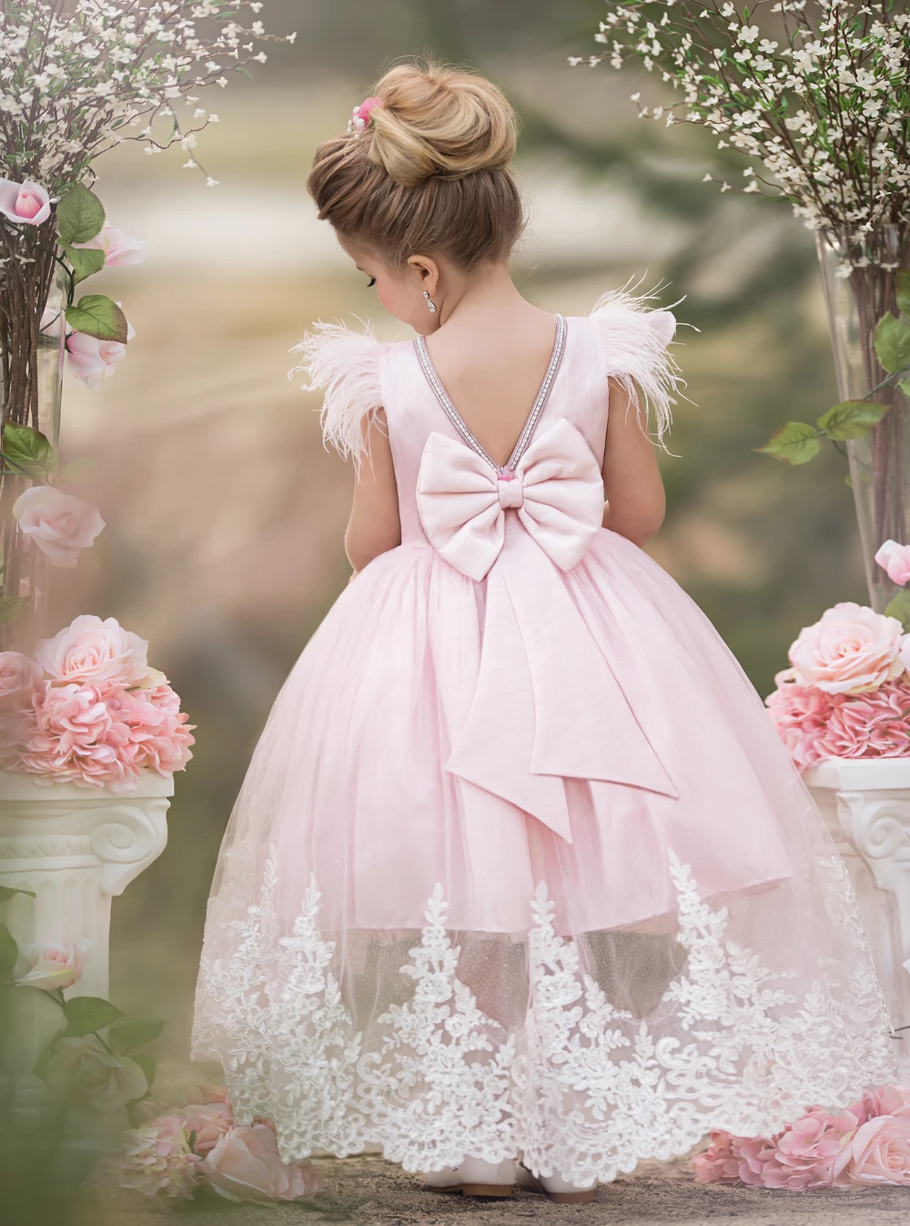 Vestido rosa claro para casamento, tule em V, renda com penas com arcos, aniversário de princesa, primeira comunhão infantil, vestido de baile