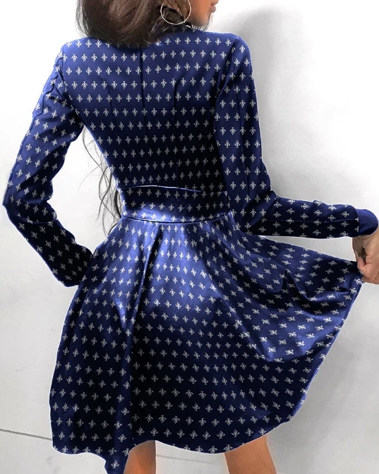 Fashion Summer Dresses Printed Long Sleeved Waist Cinching Dress V-Neck Zipper Pocket Dress Elegant Dresses for Women