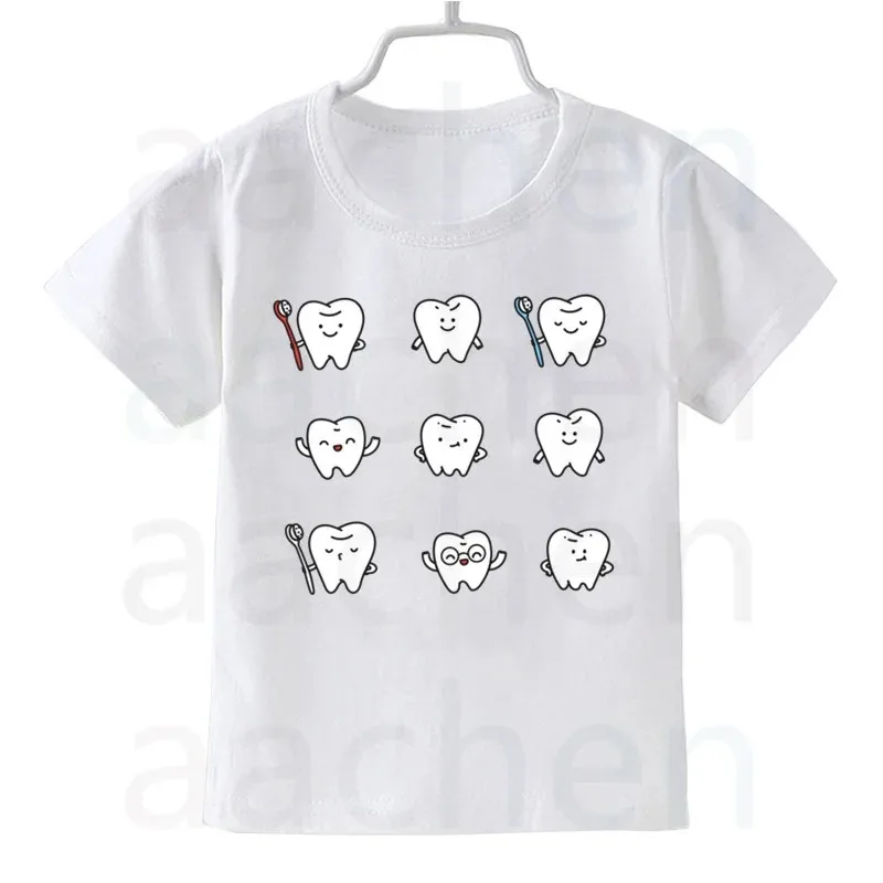 Zahn Zahnarzt Cartoon Druck Kind niedlichen weißen T-Shirt Kinder Kurzarm Kleidung lustige Cartoon Party Top Jungen und Mädchen T-Shirt