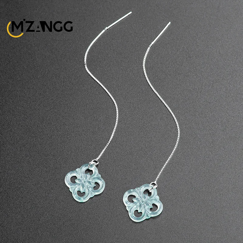 Natural Jadeite A Goods Blue Water Four-leaf Clover Ear Line S925 Silver Inlaid Ice Kind of High-grade Jade Earrings for Women