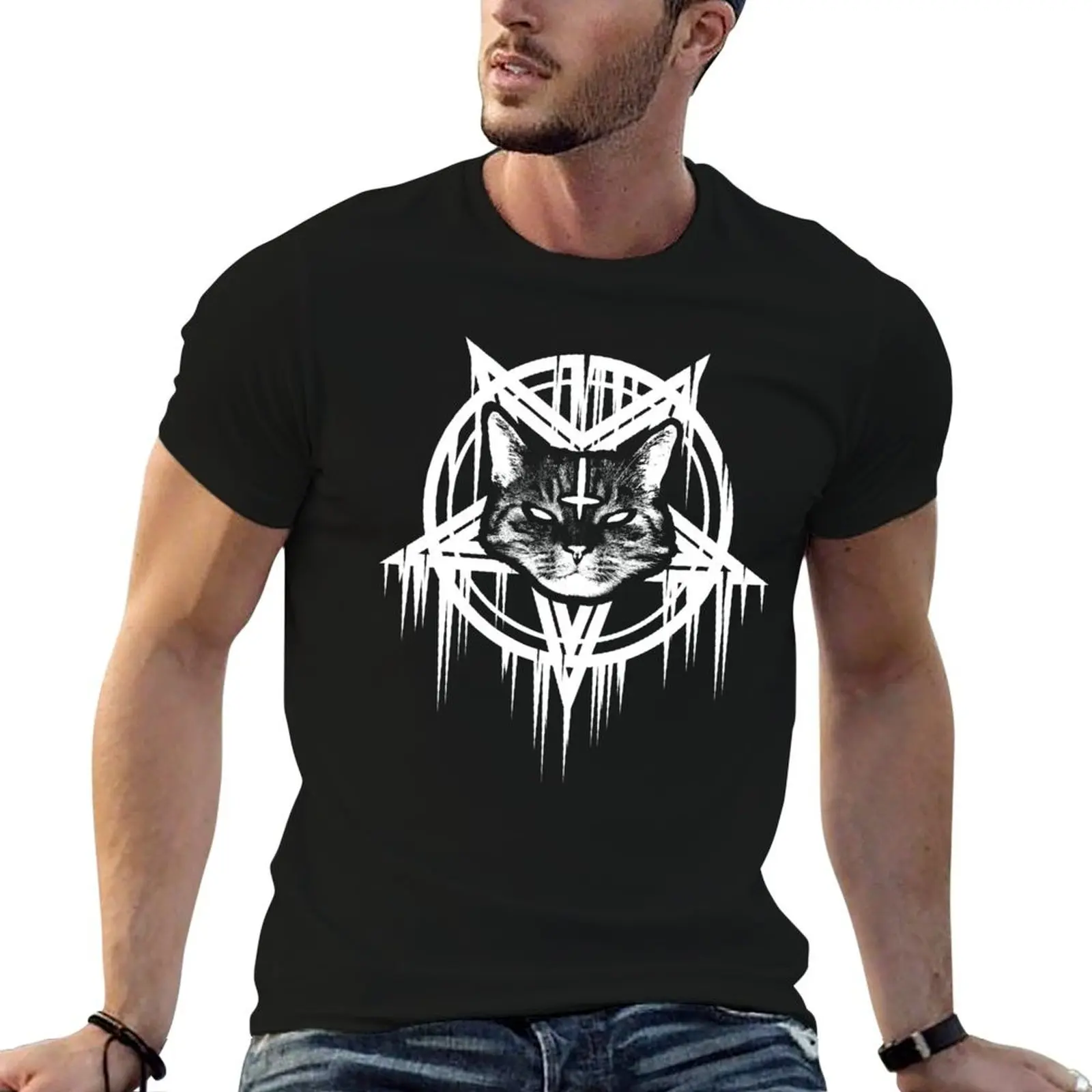 Satanic Black Metal Cat CATAN 666 T-Shirt Plus Size Gym Sports T-Shirt
