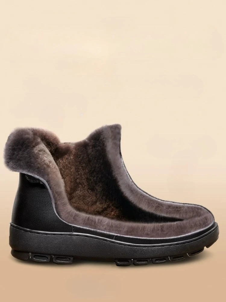 Women Winter Warm Ankle Boots Genuine Leather Upper Side Zipper Wool Lined Non Slip Flat Sole Mom Walking Snow Boots