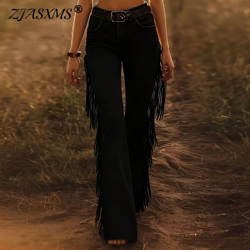 

Женские брюки-клеш в стиле вестерн с бахромой и вставками, весна 2026, повседневные, с высокой талией, облегающие, элегантные, уличный стиль, Харадзюку