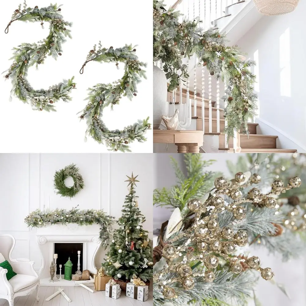 

6-футовая гирлянда из снежной ели и сосны двойного стиля с блестящими ягодами для праздничного рождественского декора в помещении и на открытом воздухе