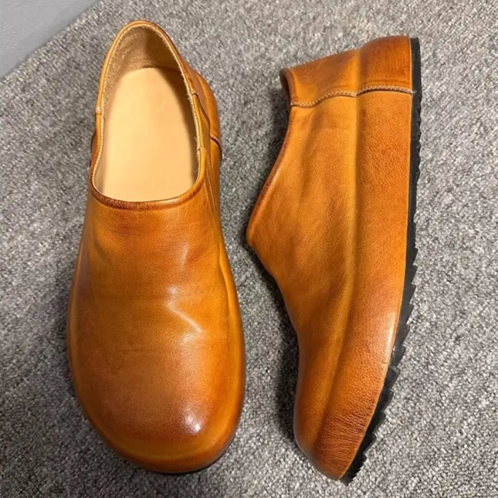 Handcrafted Tan Leather Platform Slip-On – Premium Comfort, Classic Style for Gentlemen