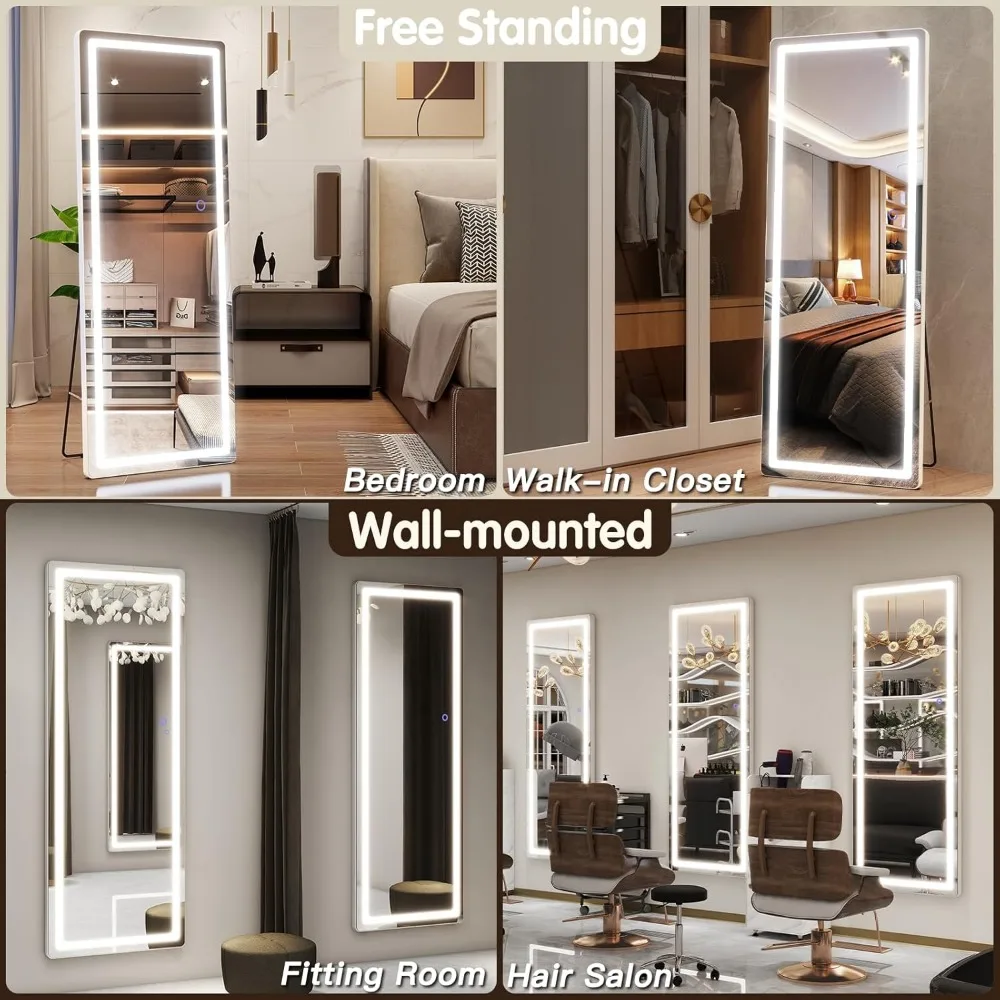 LED Full Length Mirror, montado na parede, pendurado com luzes, regulável e 3 cores de iluminação, free standing iluminado piso espelho