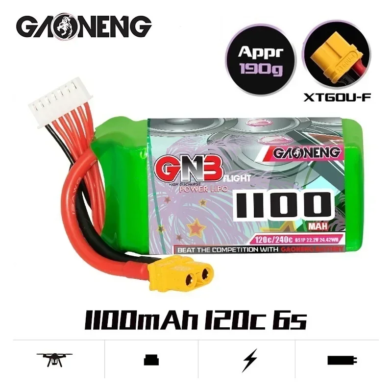 Original Gaoneng GNB 6S 22.2V 1100MAH 120C Lipo Battery For FPV Light Weight New Model High C rate Rechargeable 6S 22.2V Battery