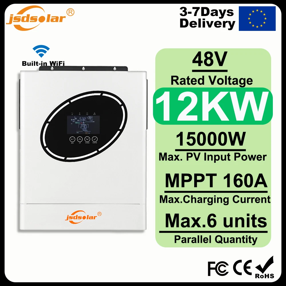Jsdsolar 12KW 48V Hybrid-Solarwechselrichter 220V 230V Off-Grid-Wechselrichter Reine Sinuswelle 160A MPPT 500VDC Doppelausgang WiFi-Unterstützung 6 Stück Parallel RS485 RS232 Unterstützung Einphasen-