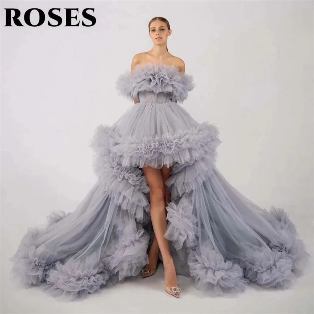 

ROSES Gray Tulle Prom Dress Strapless Tiered with Pleats Formal Gown A-Line High and Low Net Party Dress for Woman Customized