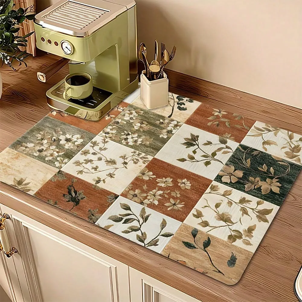 Espresso Machine Pad Pastoral Floral Grid Spill Resistant Rubber Support Kitchen Table Buffet Dinner Ware Drainage Carpet