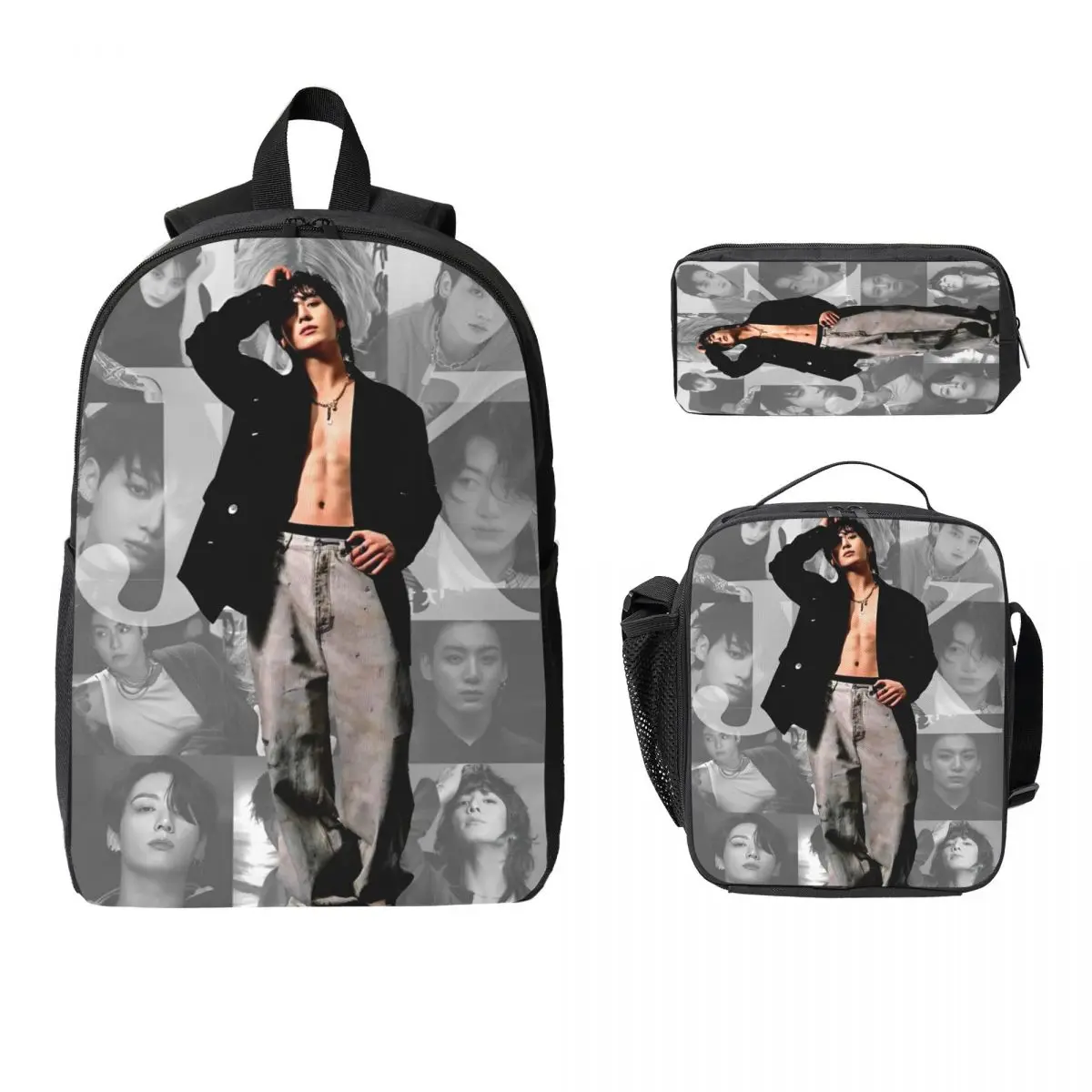 

3Pcs J-Jungkooks Kpop Theme School bags Set for Kids Pencil Boxes Backpack Sets with Lunch Box For School Students Knapsack