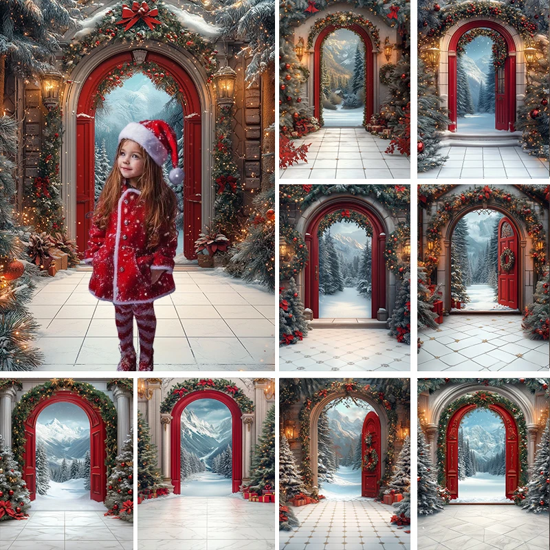 

LS Photography Background Winter Christmas Red Arch Xmas Tree Gifts Kids Family Portrait Decor Backdrop Photo Studio