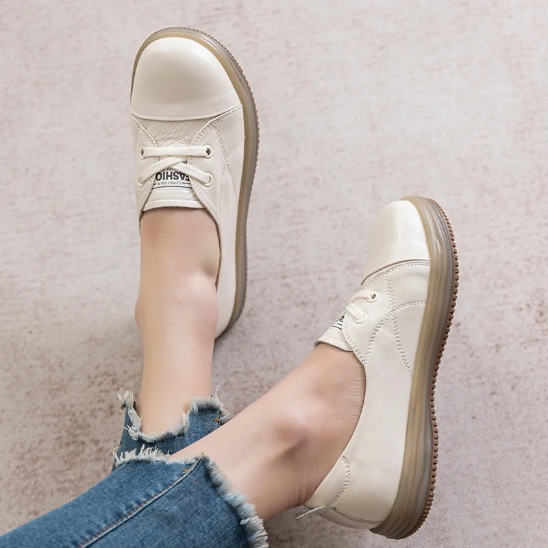 GKTINOO Women Sneakers 2024 Spring New Genuine Leather Loafers Women Casual Lace-up Women\'s Flats White Shoes