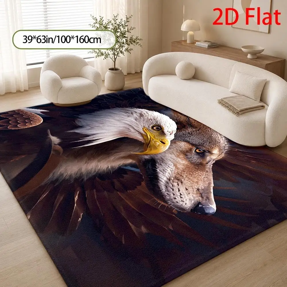 2D Flat Eagle and Wolf Totem Print Large Rectangular Rug, Stain‑Resistant Machine Washable Floor Mat for Living Room, Bedroom