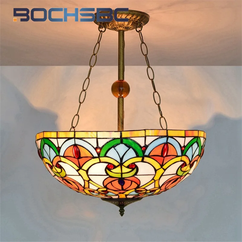 BOCHSBC Tiffany Vintage style stained glass chandelier Living Room Dining Room Hotel Bedroom 16 inch deco inverted pendant light