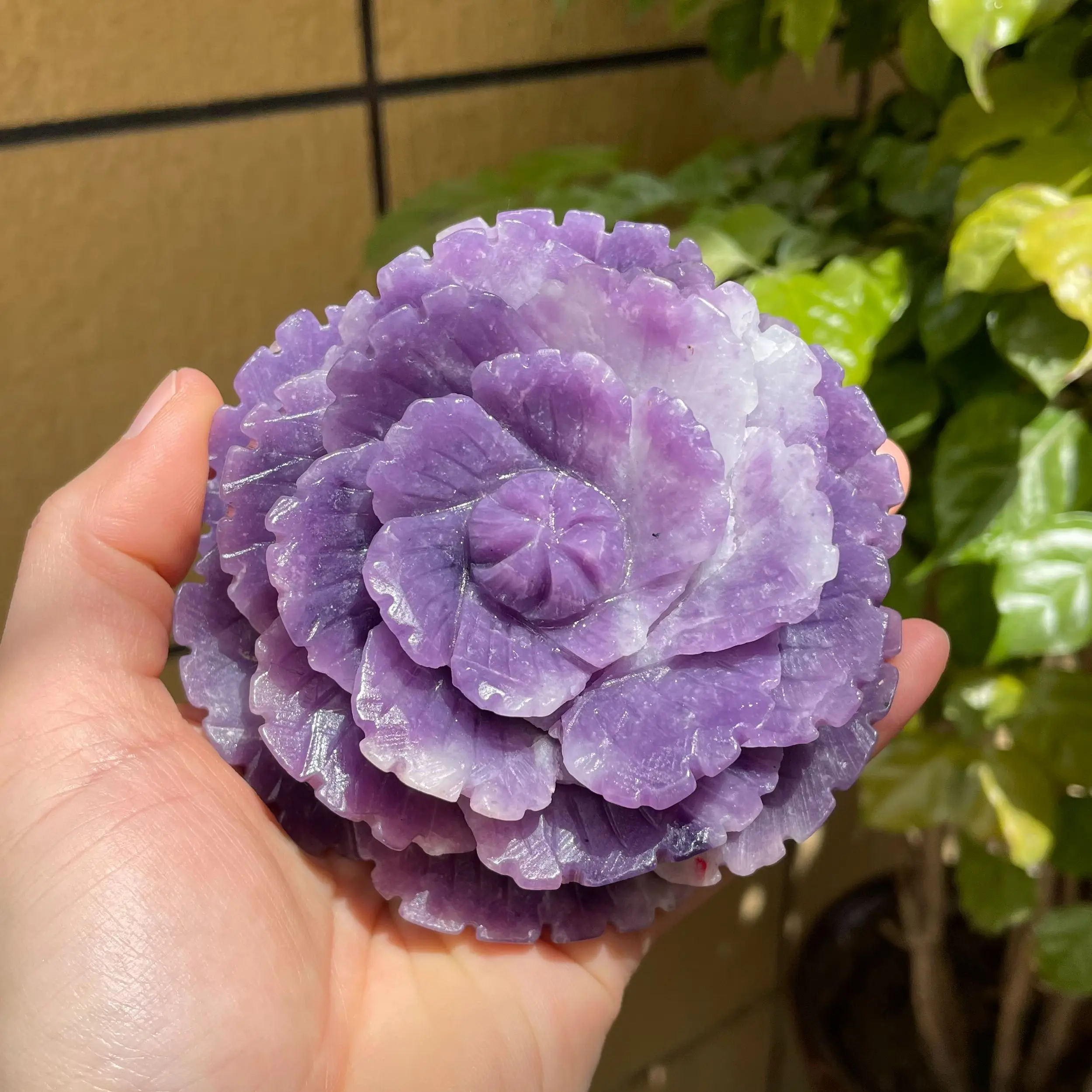 10cm Natural Purple mica mica Crystal Carveing Peony Flower Energy Gem Reiki Healing Home Decoration Gift Collection 1pcs