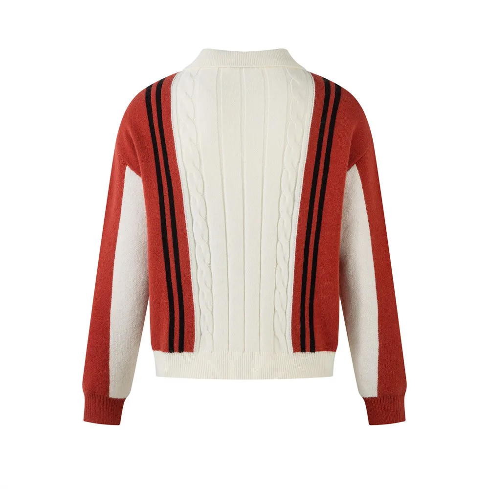 Suéter con cremallera y solapa de manga larga con contraste de Color, moda europea americana para hombres y mujeres, suéteres informales sueltos con rayas de Jacquard