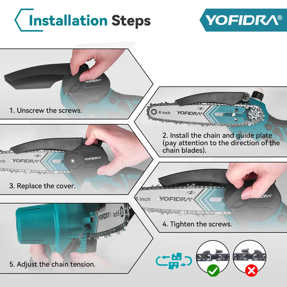 YOFIDRA 6 Zoll Elektrische Kettensäge Kabellos mit Ölsystem für Gartenholzschneiden, Holzfällen und Beschneiden, Elektrowerkzeug für Makita 21V Akku – Detail 9
