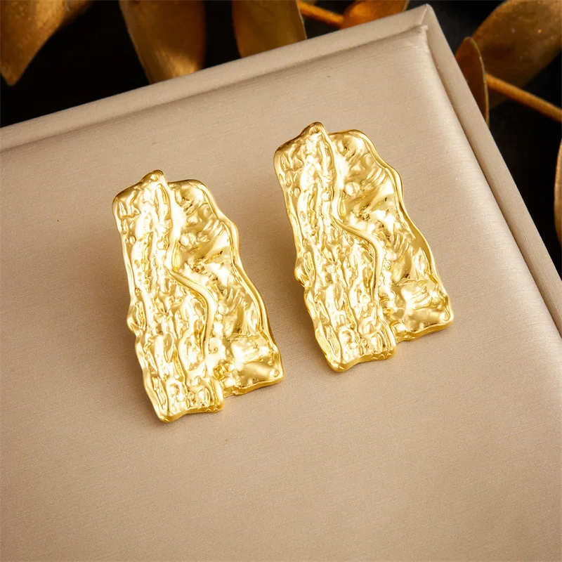 Irregular Stud Earring Stainless Steel 18K Gold Plated Geometric Hammered Stud Earring Vintage Gold Statement Earring