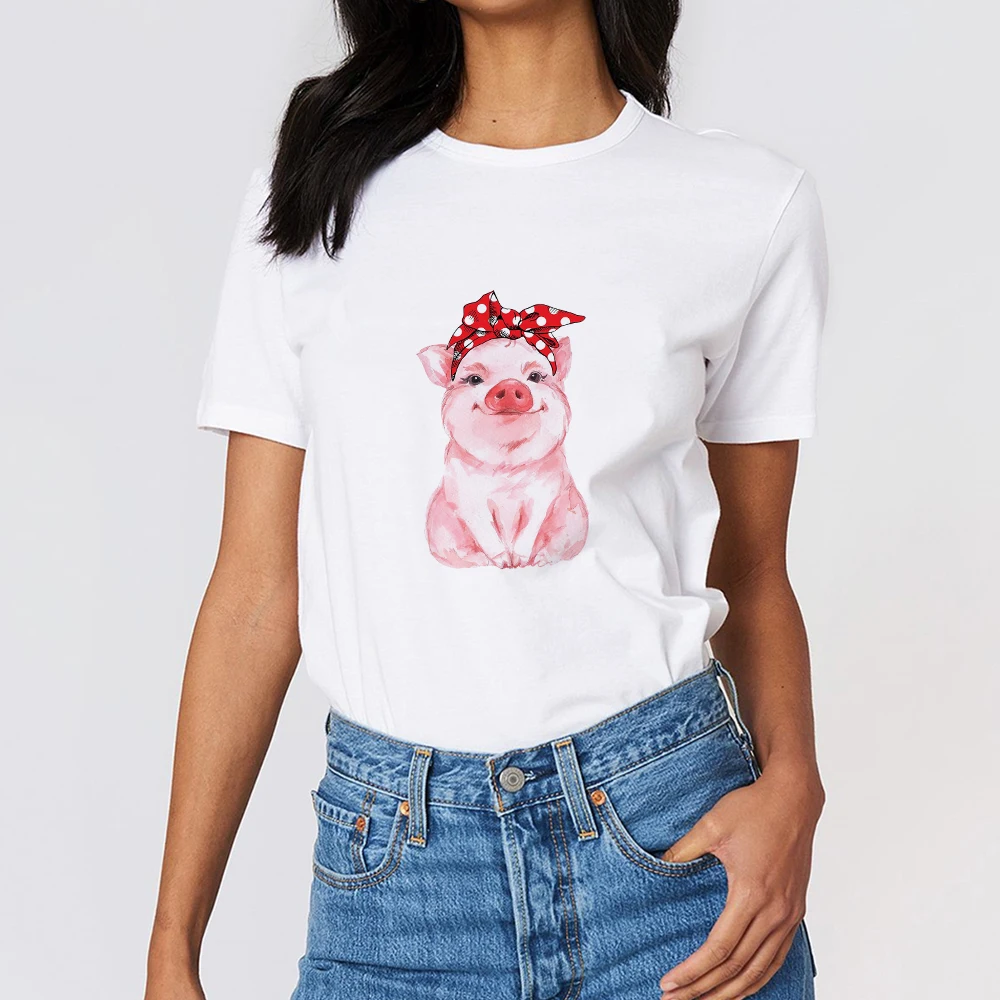 Kawaii Pink Pig Print Sweet Style Cute Animal Teens Girls T-shirt Summer Outing Casual Tops Young Women Korean Tee shirt