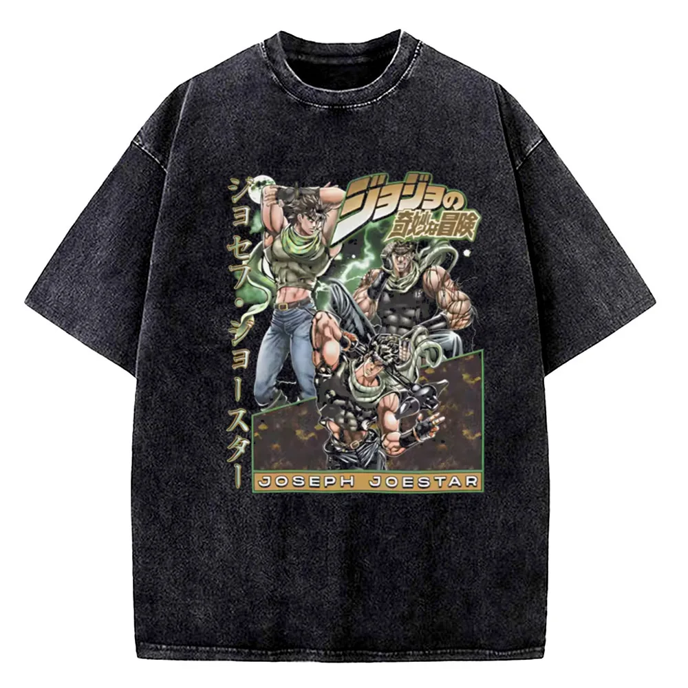 JoJo's Bizarre Adventure Johnny Joestar Graphic T Shirt Men Vintage Washed Cotton Tshirts Manga T-shirt Harajuku Male Tops