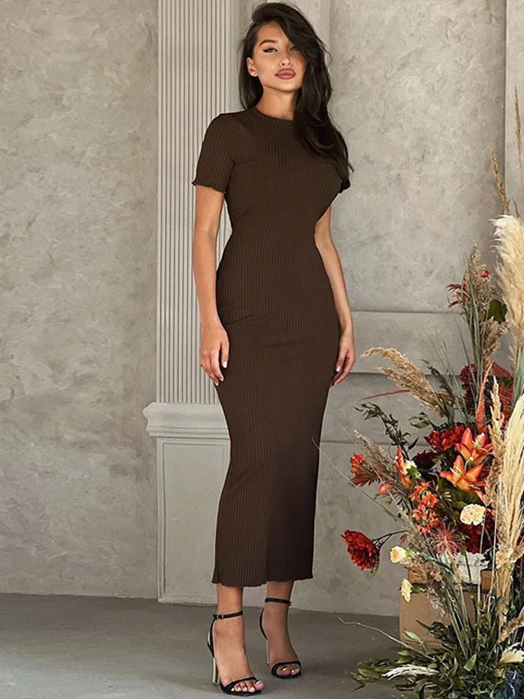 2024 Spring Solid O Neck Short Sleeve Lace Up Sexy Bodycon Maxi Dress Women Elegant Outfits Party Club Vacation