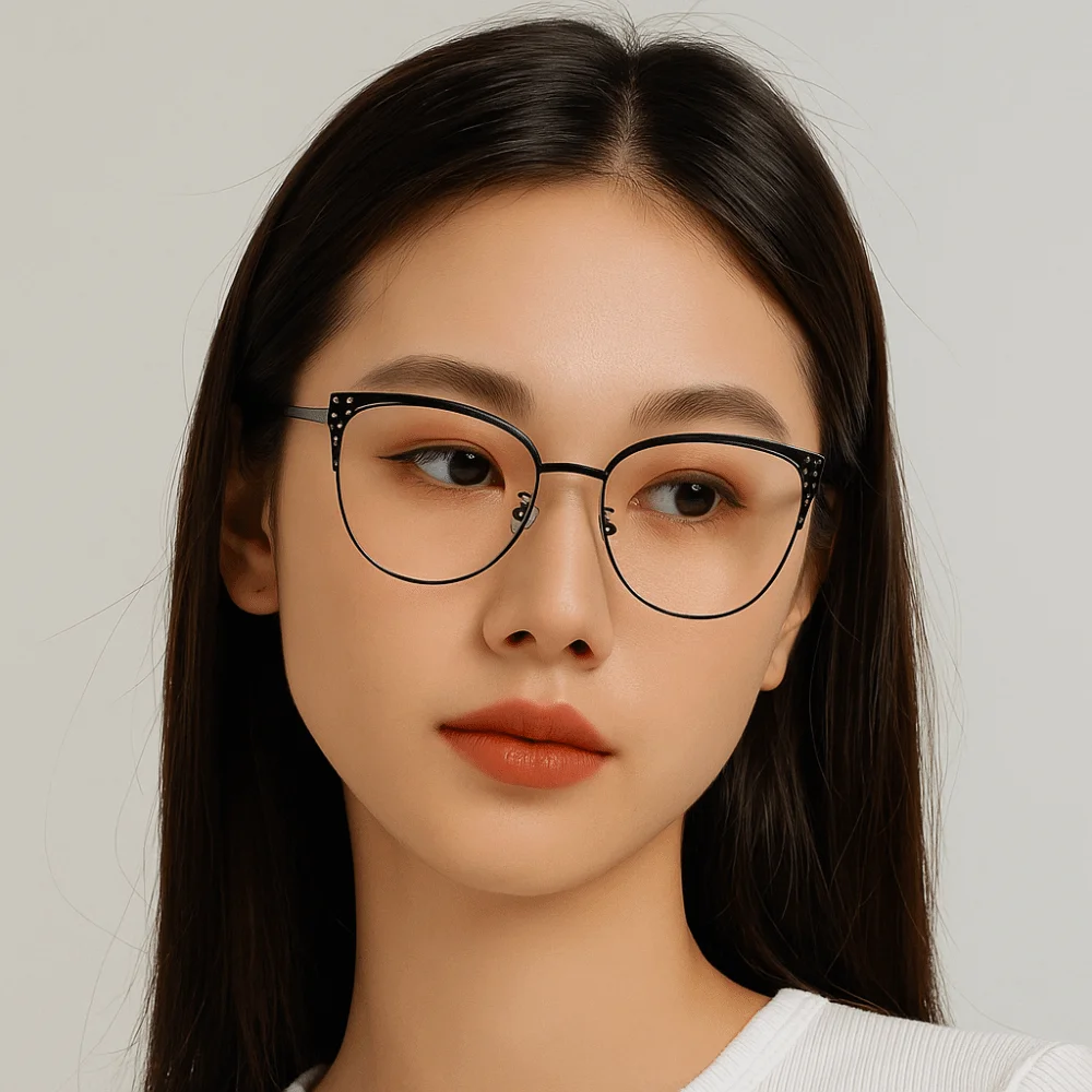 

Rhinestone Studded Anti-blue Light Glasses Metal Frame Transparent Square Frame Myopia Glasses Lightweight Eye Protective