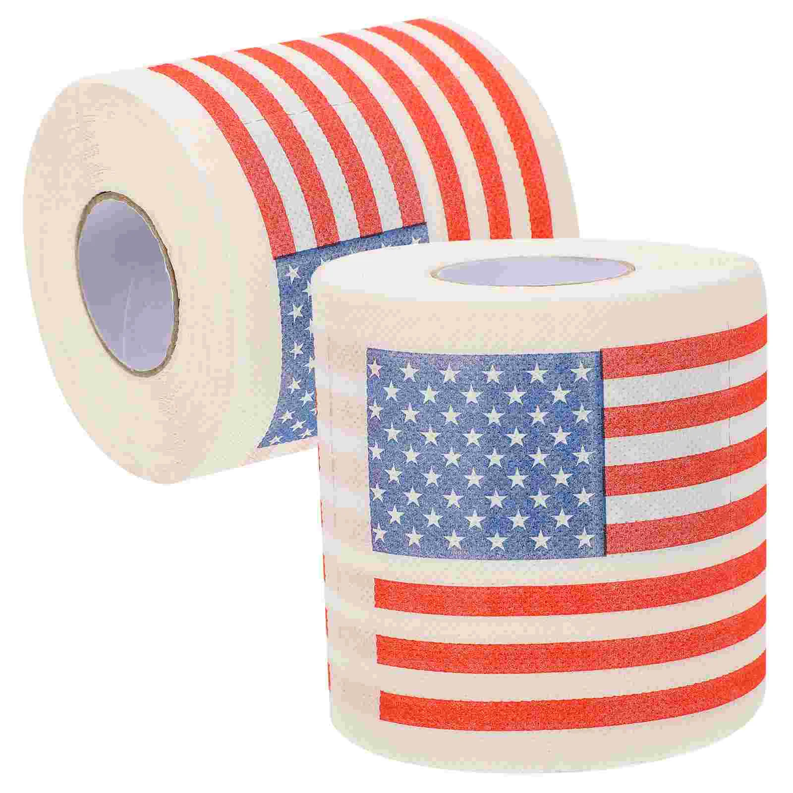 2 Rolls American Flag Paper Pattern Bathroom Toilet Scroll Embossed Design Used Papers Wood Pulp Tissue for