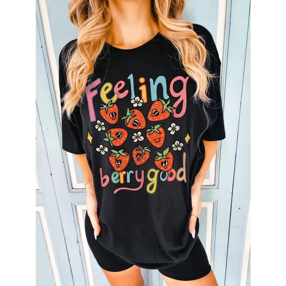 "Cute Strawberry T-Shirt Feeling Berry Good Cottagecore Fruit Design UNISEX T Shirt Summer Fit Sweatshirt for Daily Wear