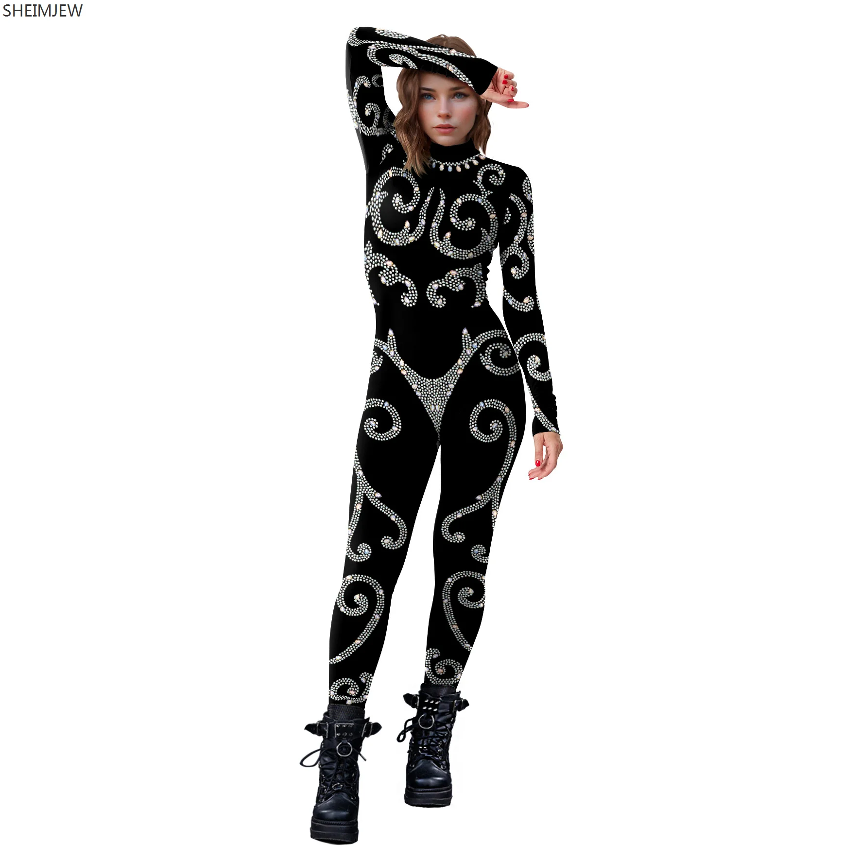 Women Diamond Border 3D Printed Pattern Jumpsuit Halloween Carnival Party Fancy Cosplay Zentai Suit Sexy Adult Zipper Bodysuit