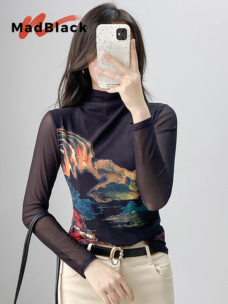 

MadBlack-Женская европейская футболка, сексуальная водолазка с принтом, модная тонкая сетчатая футболка с длинными рукавами S-3XL, осень-зима 2025 T5O305CC
