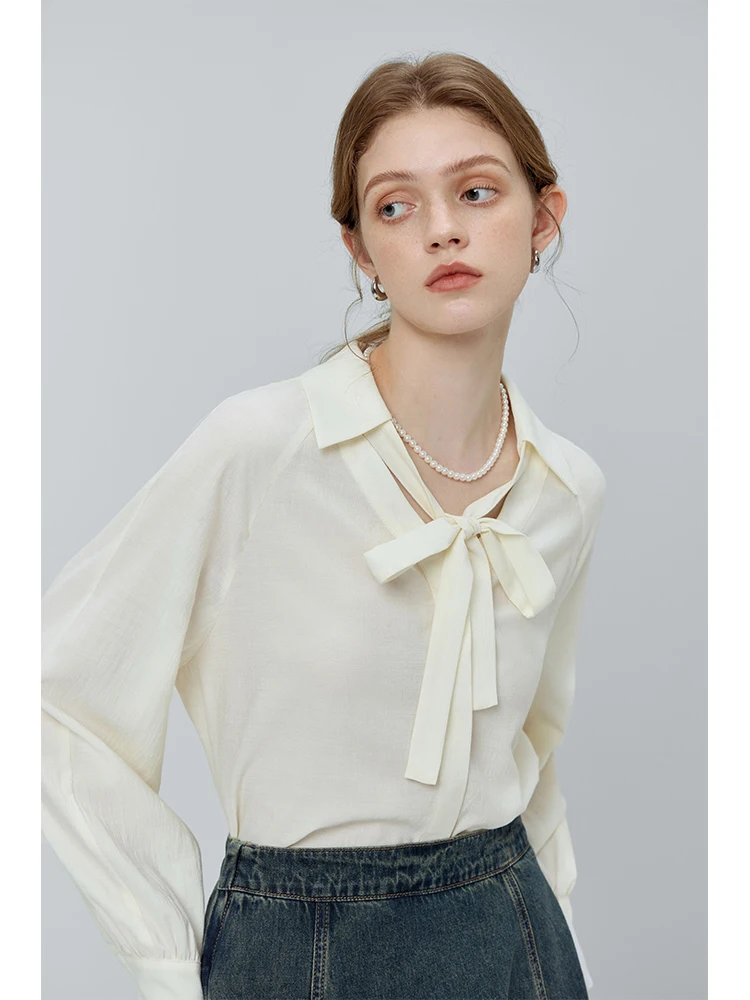 FSLE-Camisa de manga larga con cinta desmontable para mujer, Top holgado con cuello en V y cordones, estilo francés, Otoño, 2023