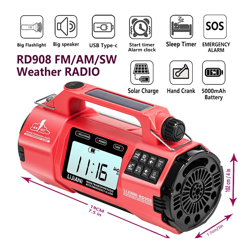 JABS-HRD908 Wielofunkcyjne radio awaryjne z pasmami AM/FM/SW/WB Duża latarka, duży głośnik, generator ręczny