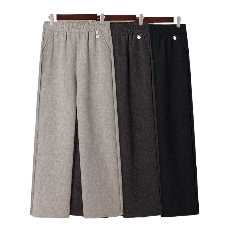 2026 Autumn Winter Woolen Straight Pants Middle-aged Women Elastic-waist Fleece Thicken Comfy Mother Pants Loose Casual Trousers