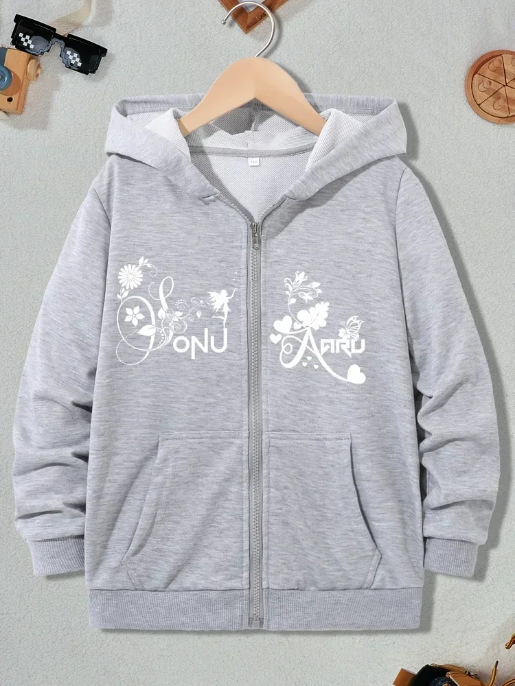 Girls Casual Zip Hooded Coat Delicate Floral Fairy Butterfly Heart Sonu Aaru Cursive Graphic Long Sleeve Pocket Hooded Outer Top
