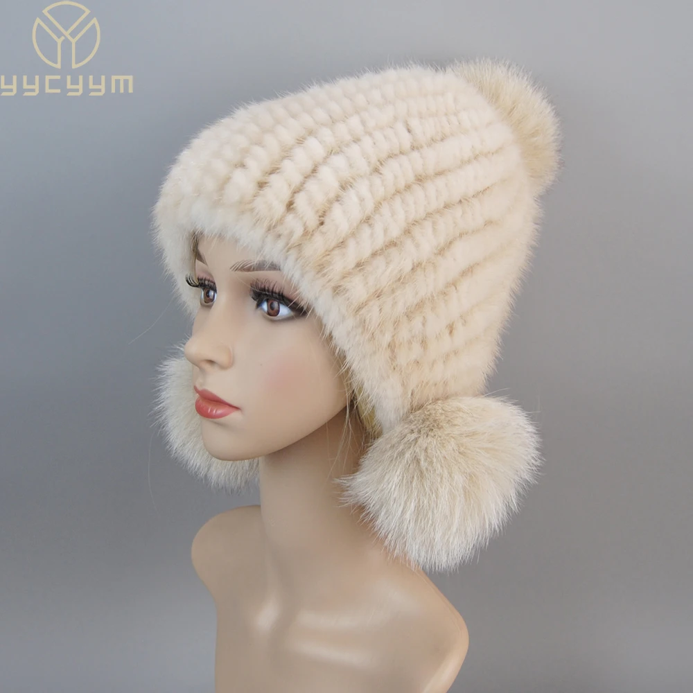 

Winter Hot Sale Real Mink Fur Hat For Women Knitted Mink Fur Ear Warm Cap The Spiral Beanies Cap With Fox Fur Pompom On The Top