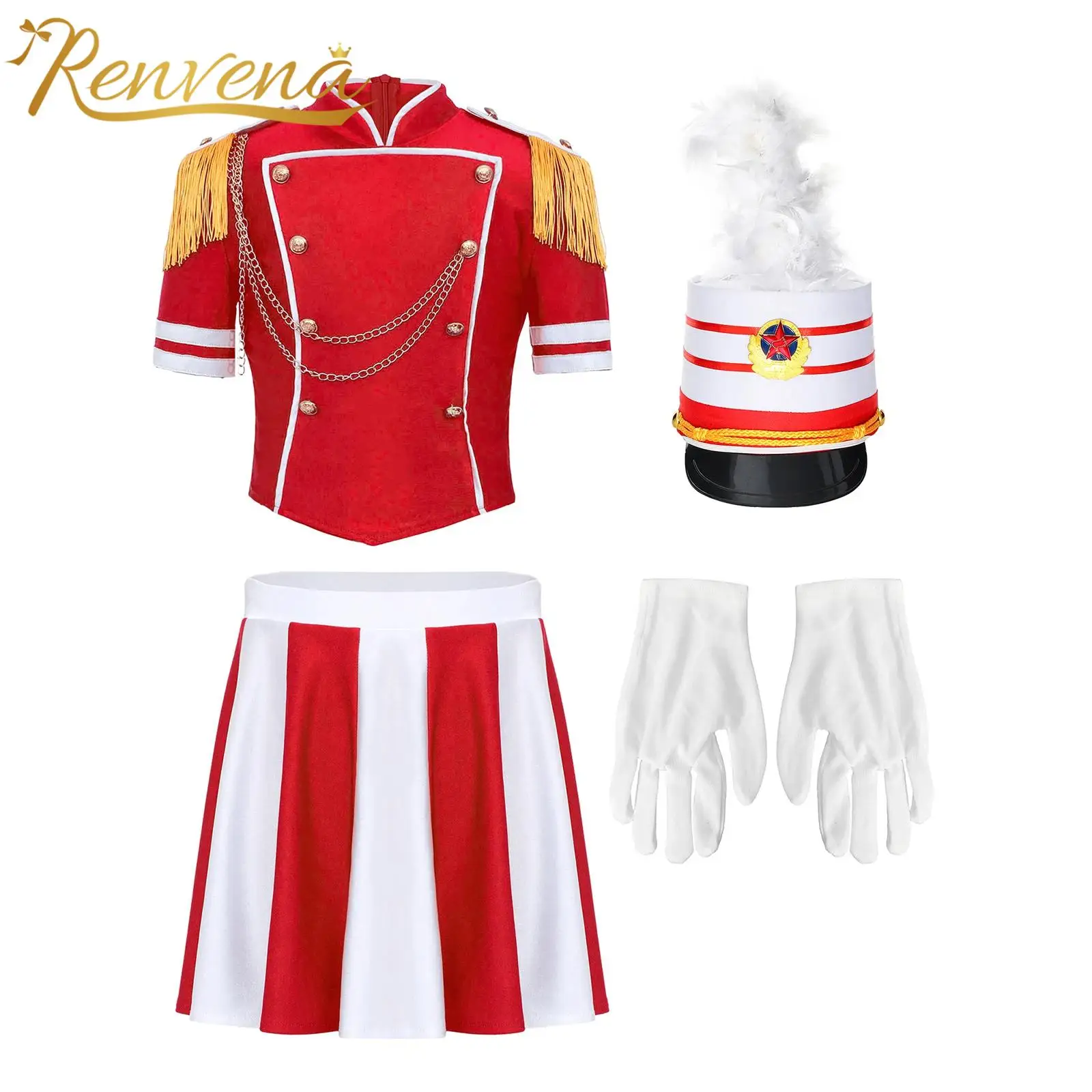 Kids Girls Trumpet Team Outfit Drum Majorette Parade Marching Band Team Uniforms Top with Skirt for Halloween Festival Costume