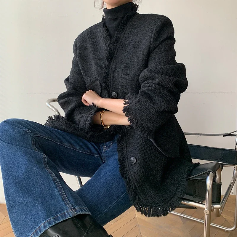 Black Woolen Suit Jakcet Woman 2024 Autumn Winter New Casual Tassel Female Tweed Suit Coat Outwear