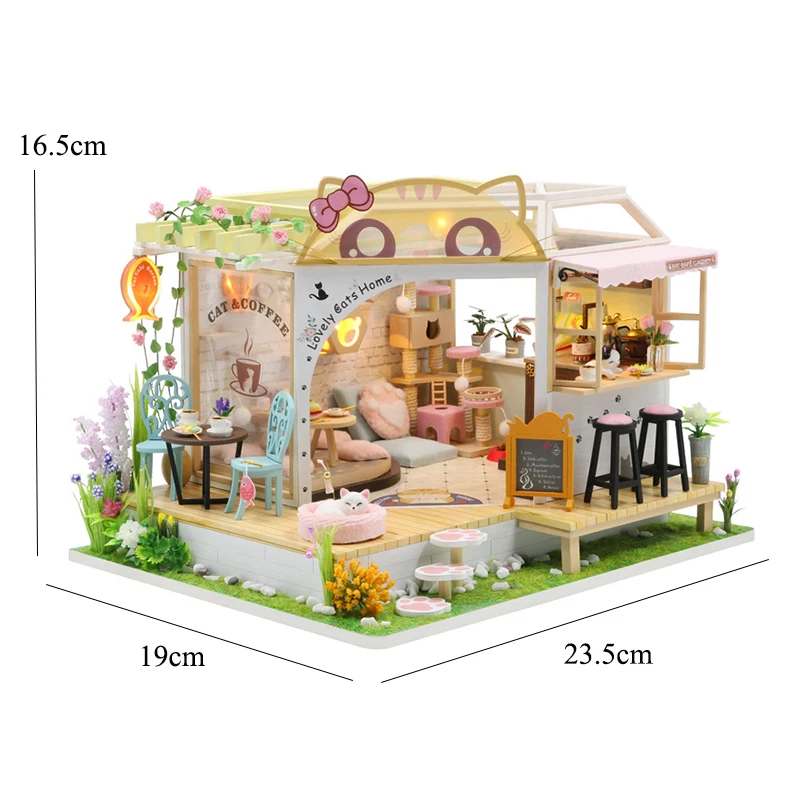 Cat Cafe Wooden Mini Doll House 3D Puzzle Assembly Building Model Kit DIY Miniature Small House Toys Home With Furniture Lights