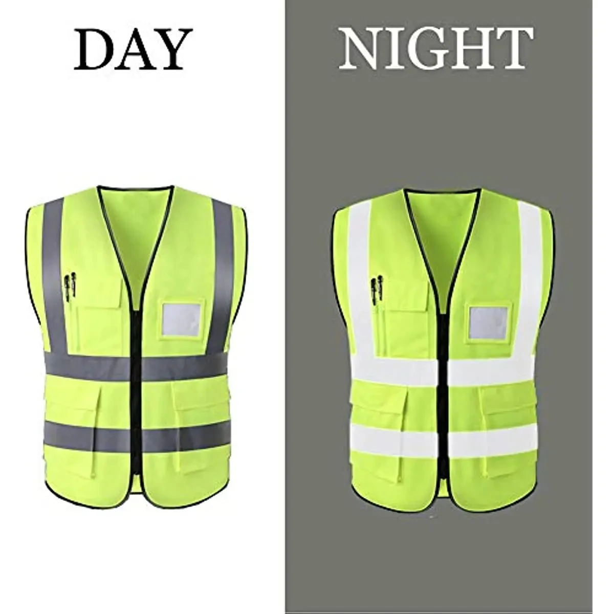 

High Visibility Reflective Safety Vest with Pockets and Zipper Front, Neon Yellow, Meets ANSI/ISEA Standards