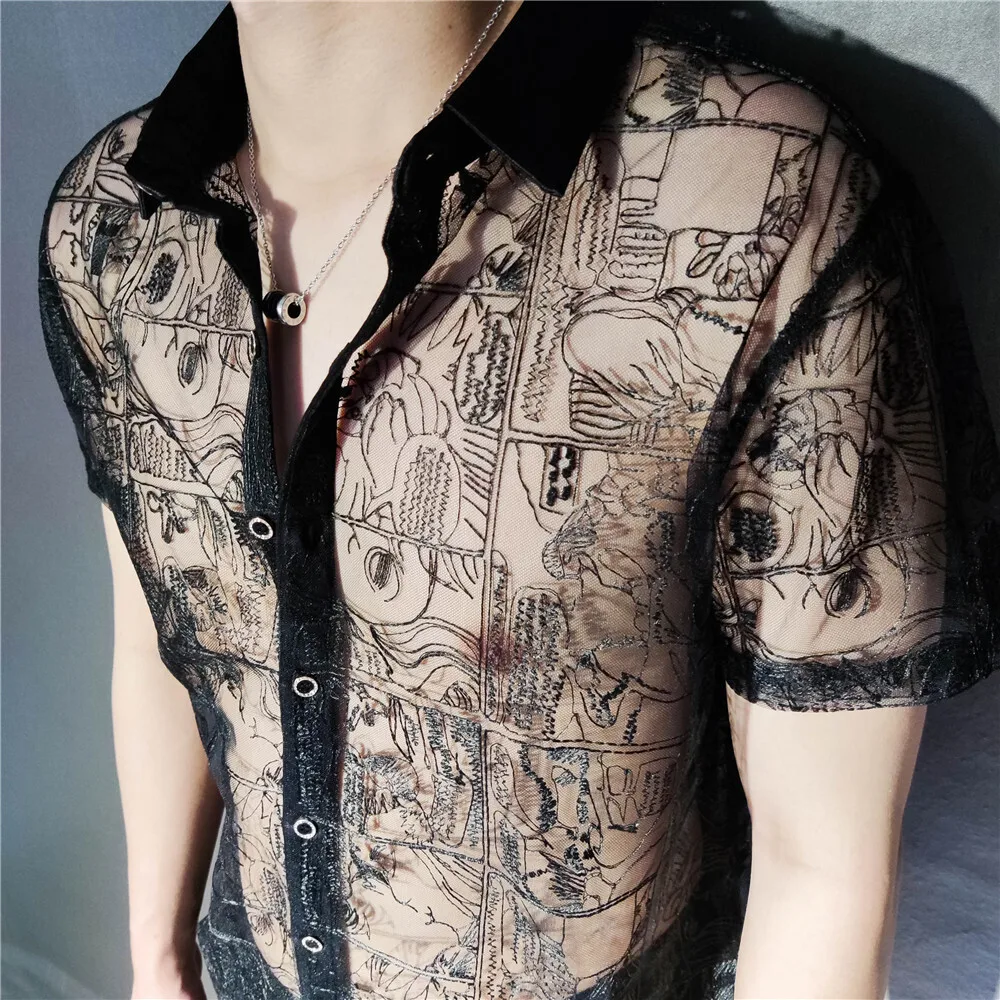 High Quality Black Lace Sexy Shirt Embroidery See Through Shirt Men Social Club Luxe Transparent Shirt Summer Short Sleeve Shirt