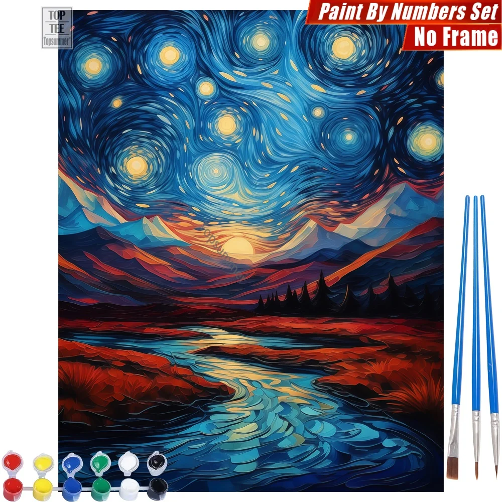 

Набор для рисования по номерам «Звездная ночь над рекой» — Декор для дома и спальни с изображением неба, гор и реки, подарок на День святого Валентина для девушки