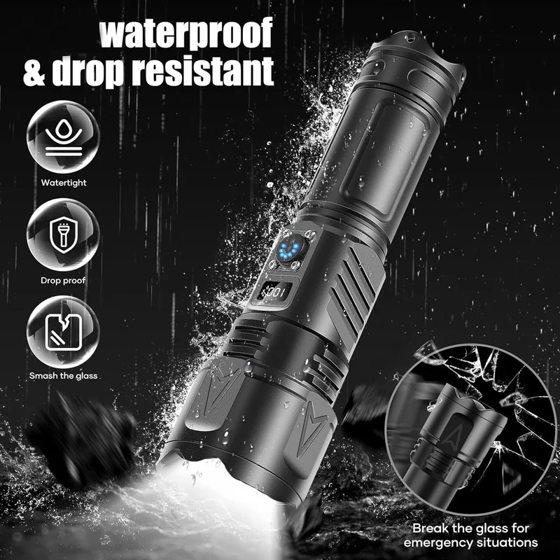 High Power Tactical LED Flashlight Digital Display Waterproof Outdoor Emergency Torch With 26650 Battery