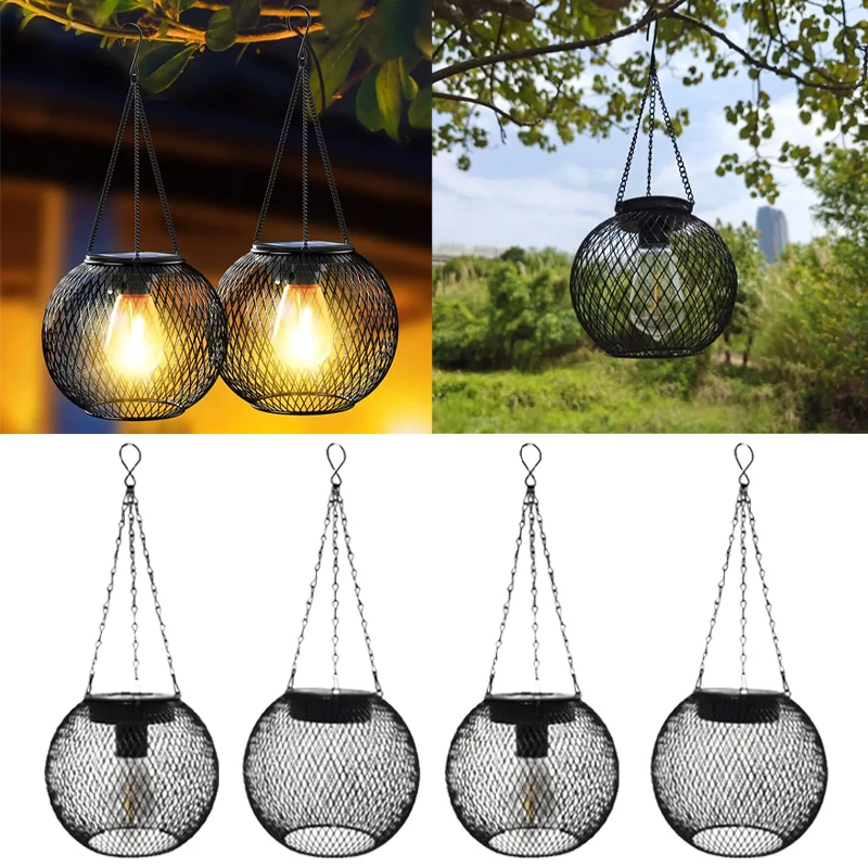 

Vintage Solar Garden Light Wrought Iron Hanging Lantern with Mesh Shade for Outdoor Decoration Hollow Patio Pathway Pendant