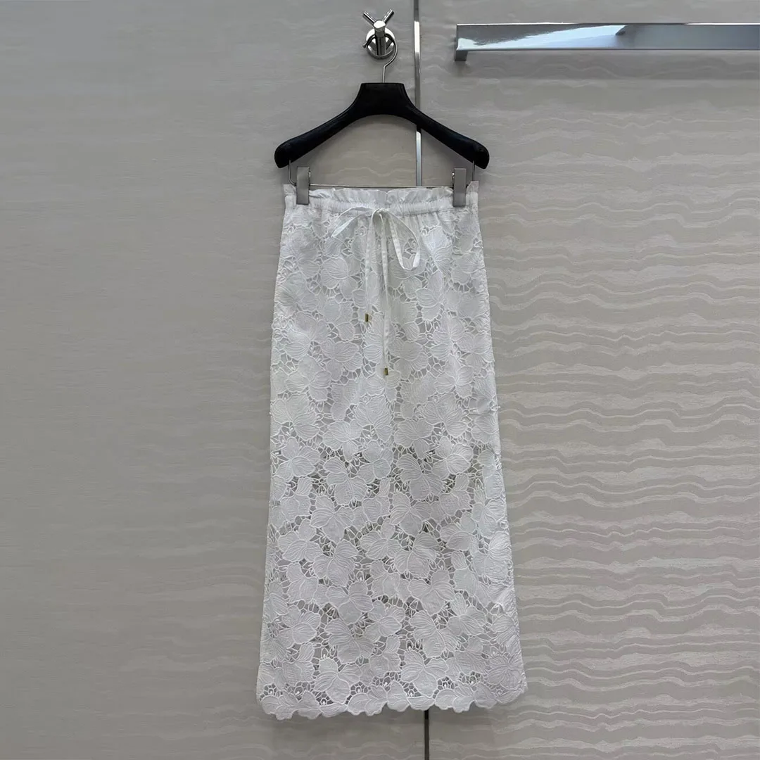 2026 New Summer Fashion Floral Lace Hollow Out Long Skirts Womens Elastic High Waist Straight Loose Sweet Skirti