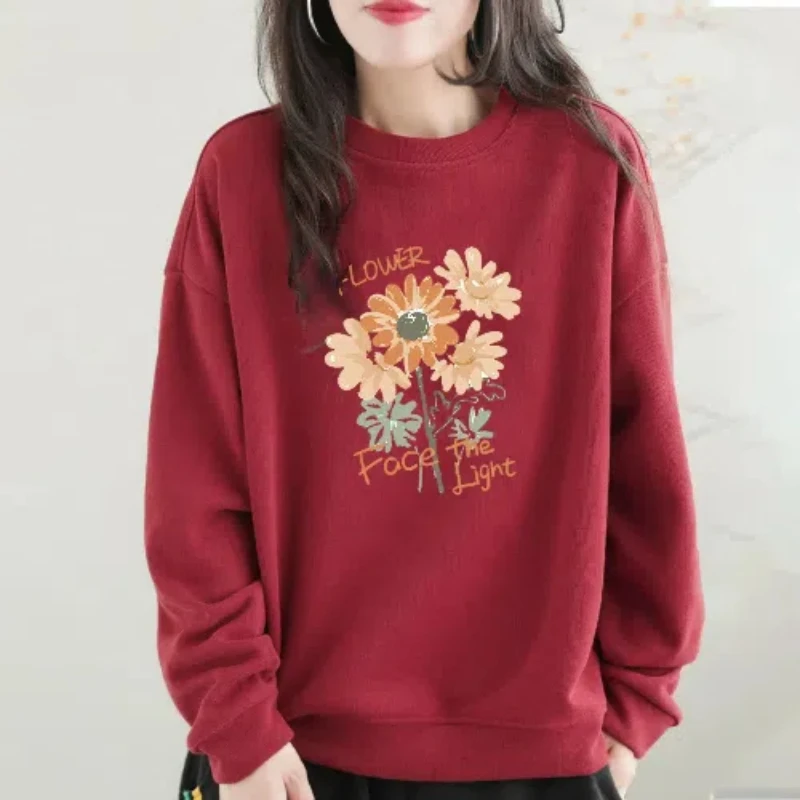 New Spring and Autumn Women\'s Solid Color O-Neck Long Sleeve Loose Letter Printed Pullovers Korean Fashion Comfortable Tops